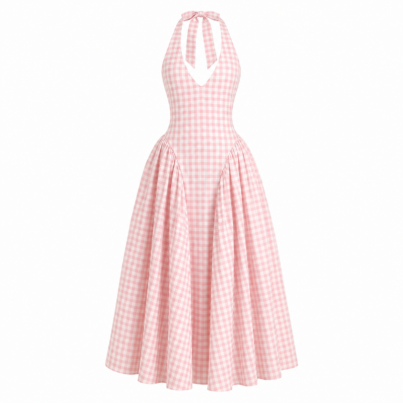 Positano Pink Gingham Dress — vestido de gingham rosa de Velvet Boutique, vista de la pieza