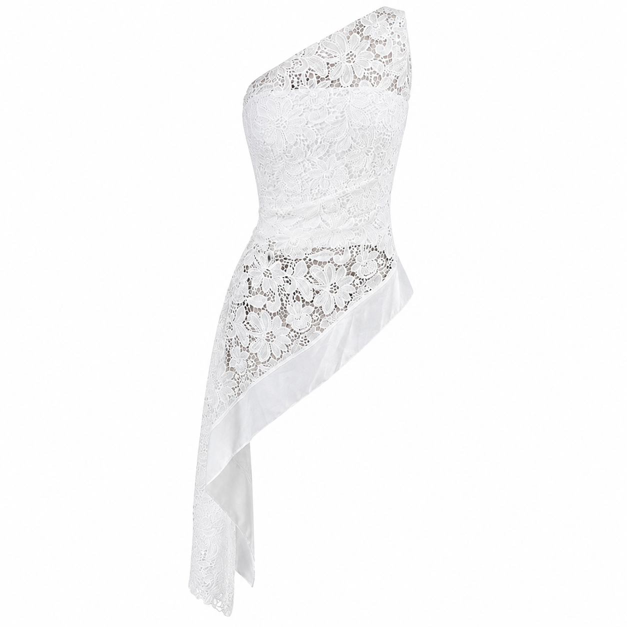 Bianca Asymmetric Lace Top — top blanco de encaje con escote asimétrico de Velvet Boutique, vista de la pieza