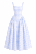 Capri Blue Gingham Dress — vestido de gingham azul de Velvet Boutique, vista de la pieza