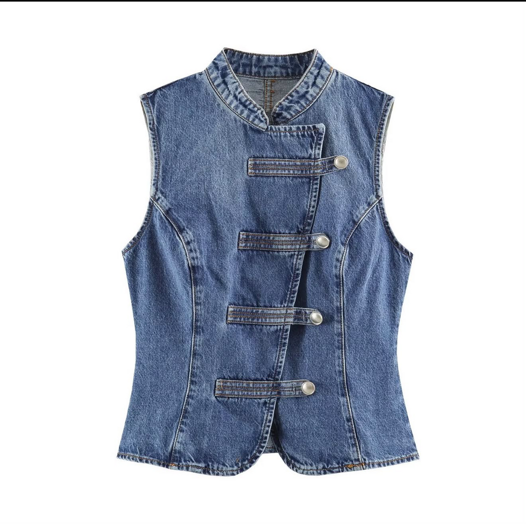 Brooklyn Denim Vest — chaleco denim estructurado de Velvet Boutique, vista frontal de la pieza