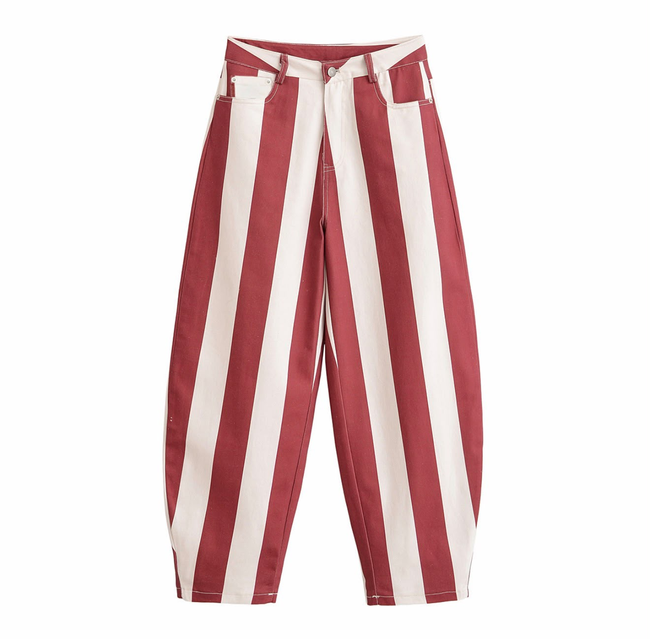 Portofino Striped Trousers — pantalón de rayas vino y crema de Velvet Boutique, vista de la pieza